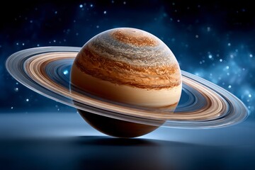 A detailed view of a ringed gas giant planet with swirling atmospheric bands against a dark starry nebula