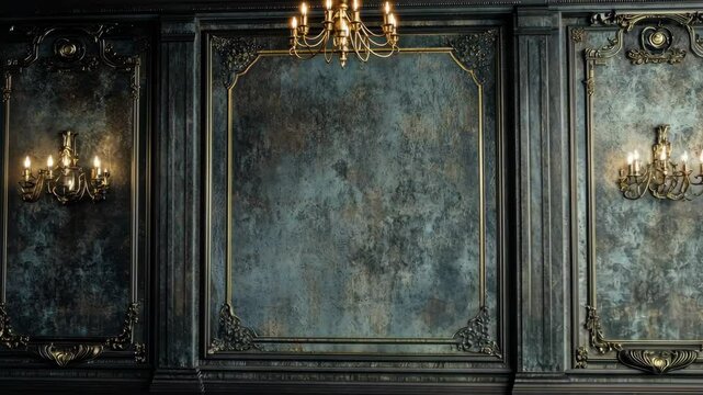 Elegant vintage interior with ornate walls and chandeliers, creating a luxurious atmosphere