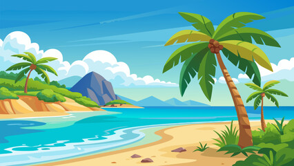 Tropical Beach Landscape. Palm Trees. Ocean. and Sandy Shores