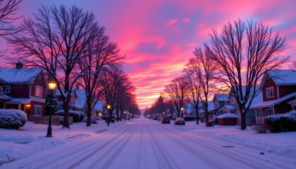 Beautiful Winter Sunset Over Snowy Neighborhood with Colorful Sky and Bare Trees