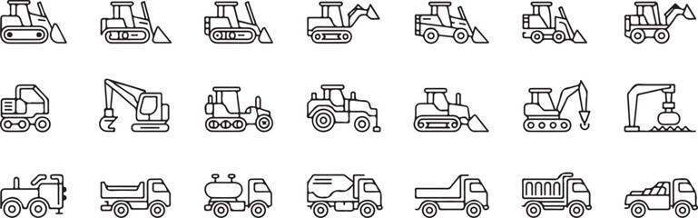 Construction Machinery, Construction Equipment Icons Set Editable Stroke.Vector pictograms of bulldozer, loader, grader, paver, roller, lowboy hauler, utility, concrete mixer, thin linear illustration