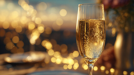 Champagne Glass with Sparkling Bokeh Lights