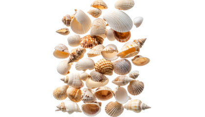 Vertical underwater composition of seashells floating artistically.