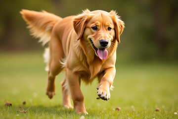 Golden Retriever Running Joyfully on Grass with Tongue Out

