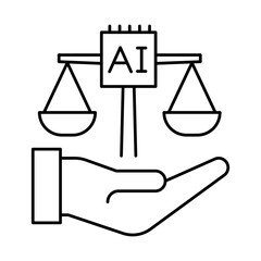 Vector icon of Fairness icon.  Scales of Justice Representing Equal Treatment and Non-Bias in AI Algorithms and Decisions. Black Outline.