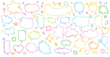 Colorful doodle speech bubbles and thought cloud collection with sketch symbols, isolated on white background
