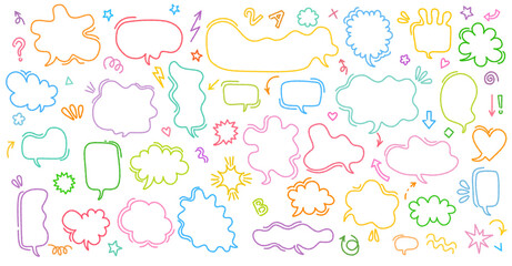 Multicolored sketch-style speech bubbles and thought clouds with comic shapes, hand drawn on white background