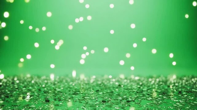 Glitter rain softly falling over chroma green backdrop (#00FF00), smooth loop for luxury overlays, 4K, isolated on white background