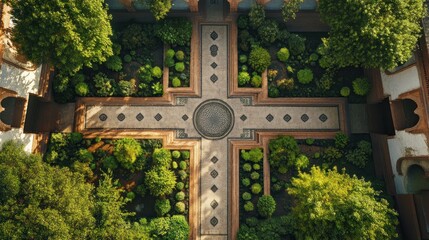 Aerial view of a meticulously landscaped cross-shaped garden