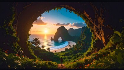 Sunset Paradise: A Tropical Cove Viewed from a Cave