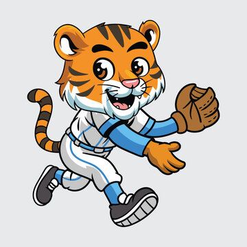 Cute tiger in a baseball uniform running joyfully with a glove in cartoon illustration