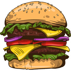 Illustration of Burger with Cheese and Vegetables