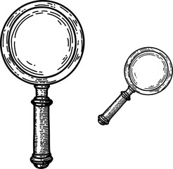 Illustration of magnifier in vintage engraving style. Design element for logo, emblem, sign, poster, card, banner. Vector illustration