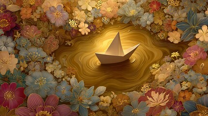 A paper boat sailing on a river of radiant gold surrounded by flowers