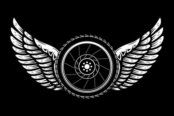Motorcycle wheel with wings isolated on white background. Design elements for logo, label, emblem,sign. Vector illustration