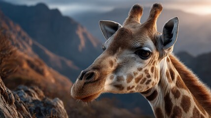 Obraz premium Close up profile of a giraffe's head against a mountainous landscape at sunset