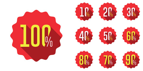 Promotion hold tag. Special offer discount on red tags shapes with different value percent off 90, 80, 70, 60,  50, 40,  30, 20, and 10%.