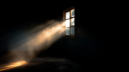 Hopeful Sunbeam in a Dark Room: A dramatic beam of light shining through a window into a dark, dusty room, symbolizing hope.