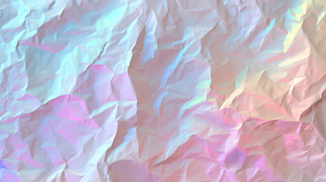 Holographic Crumpled Paper Texture: A colorful and iridescent background of wrinkled paper with a rainbow holographic effect.