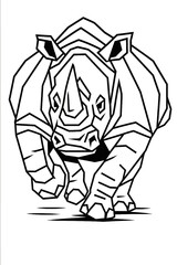 A geometric, line-art illustration of a rhinoceros charging forward, presented in a minimalist black and white style, ideal for modern design projects and branding.