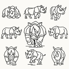 Geometric line art collection featuring multiple stylized rhinoceros in various poses, showcasing a modern and minimalist design aesthetic.