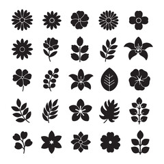 Thirty Two Black Silhouettes of Flowers and Leaves Botanical Illustrations Simple Floral Icons Flat Design Elements for Nature Branding