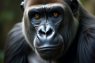 Gorilla Portrait with Intense Gaze, Detailed Fur Texture, and Natural Background

