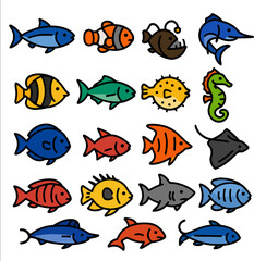 A vibrant collection of diverse cartoon fish and marine animals, featuring colorful illustrations with bold outlines, perfect for educational design elements.