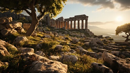 Ancient Greek Temple at Sunset