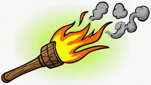 Cartoon-style fire torch with animated flames and subtle smoke rising on chroma green (#00FF00), 4K, isolated on white background