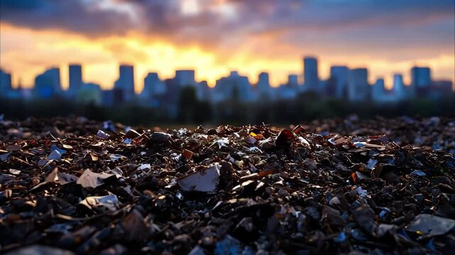 A foreground of scattered debris and broken glass against a blurred city skyline at sunset, highlighting environmental concerns.