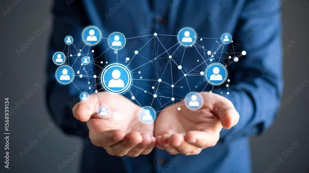 Poster hands holding a network of interconnected user icons