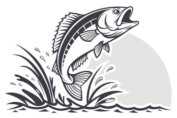 Leaping Bass Fish Illustration – Black and White Detail