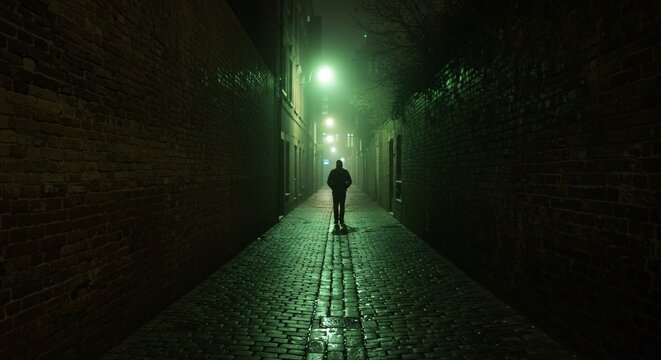 Silhouette of a man walking down a dark alley street at night in a city setting
