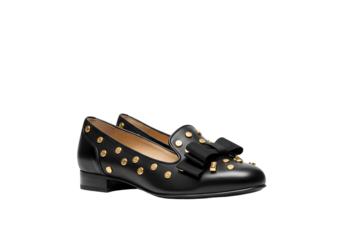 Black Leather Loafers with Gold Stud Detail and Bow isolated on transparent baackground