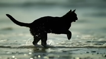 Black cat leaping ocean waves.