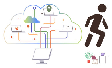 Cloud network connecting devices via colorful lines, showcasing data flow. Walking figure toward workspace with desk and plant. Ideal for technology, remote work, innovation, cloud solutions