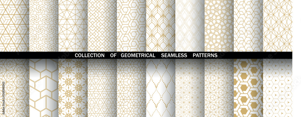 Poster Geometric set of seamless golden and white patterns. Simple vector graphics