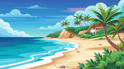 Tropical Beach Landscape. Palm Trees. Ocean. and Sandy Shores