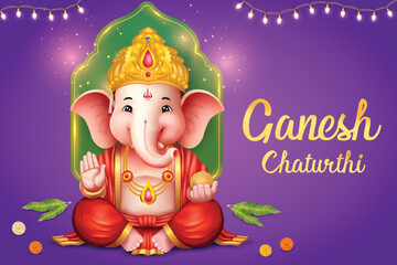 Lord Ganesha Sitting on Purple Color Background With Hanging Lights. Ganesha Chaturthi Festival Grand Sale Celebration For Greeting Card, Invitation, E-commerce Banners.