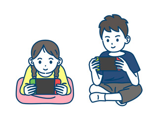 ゲームして遊ぶ子供達のイラスト