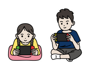 ゲームして遊ぶ子供達のイラスト