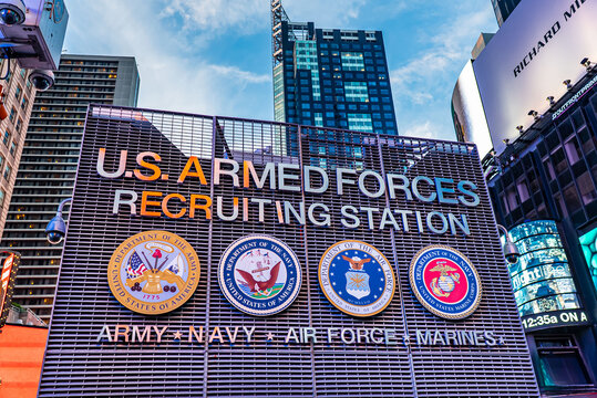 NYC, New York State, United States of America, 4 June 2024. Details of the billboard of the U.S. Armed Forces recruiting station in Times Square, Manhattan.