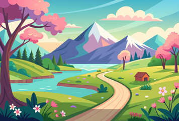 Obraz premium Spring Landscape. Serene Mountain Lake. Blooming Flowers. Winding Road