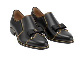 Elegant Black Leather Shoes with Gold Accents and Bow Detail isolated on transparent baackground