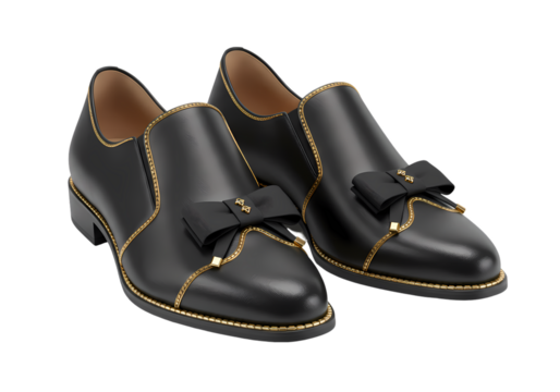 Elegant Black Leather Shoes with Gold Accents and Bow Detail isolated on transparent baackground - Powered by Adobe