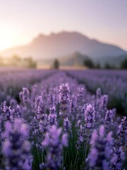 Obraz premium Lavender Fields at Sunrise with Mountains