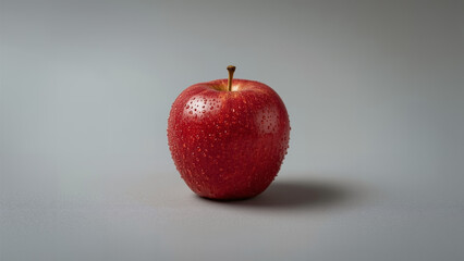 Mesmerizing and Highly Detailed Cinematic Photograph of a Fresh Red Apple Covered in Dew Drops, Isolated on a Soft Grey Background, Ideal for Health and Wellness Content
