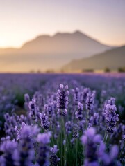 Obraz premium Lavender Fields at Sunrise with Mountains