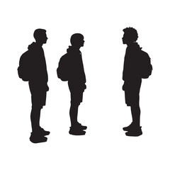 Three Black Silhouettes of Teenagers Wearing Backpacks Standing Side by Side Profile View Against White Background